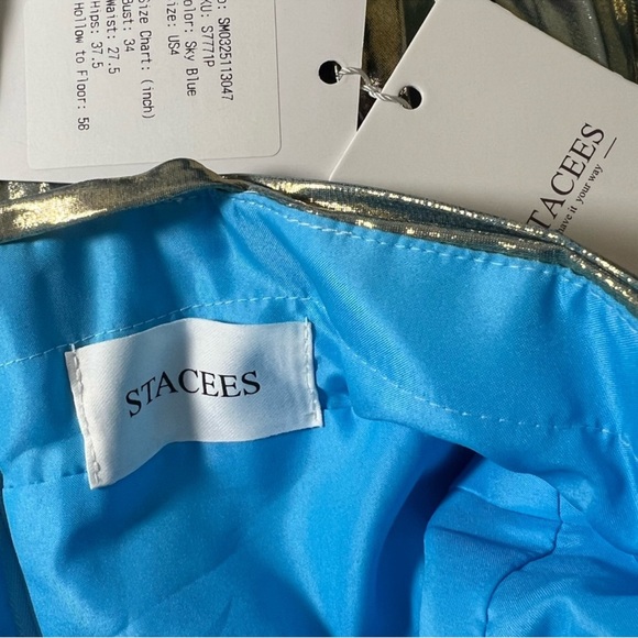 Stacees Sky Blue Gold Metallic Shimmer Floor Length gown with side slit size 2 - Picture 11 of 12